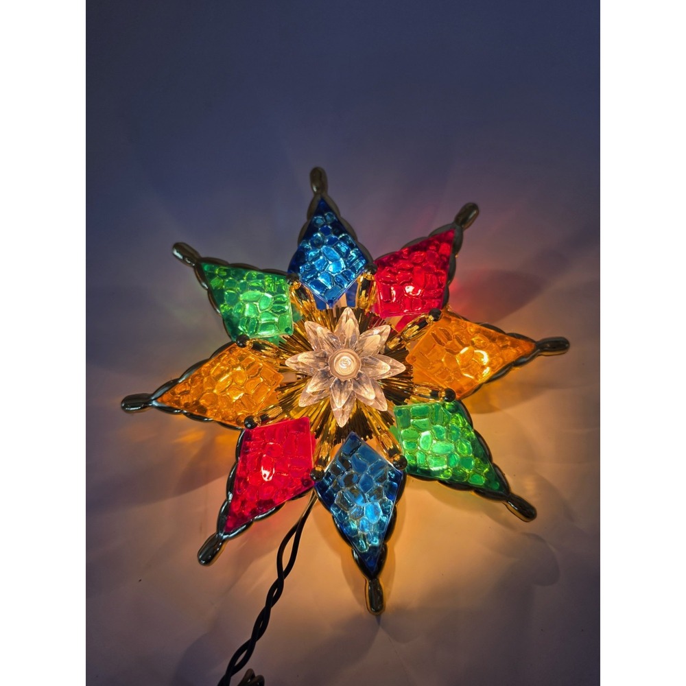 Nos Christmas Vintage Light Up 8 Point Star Tree Topper 8" Retro Rainbow & Gold